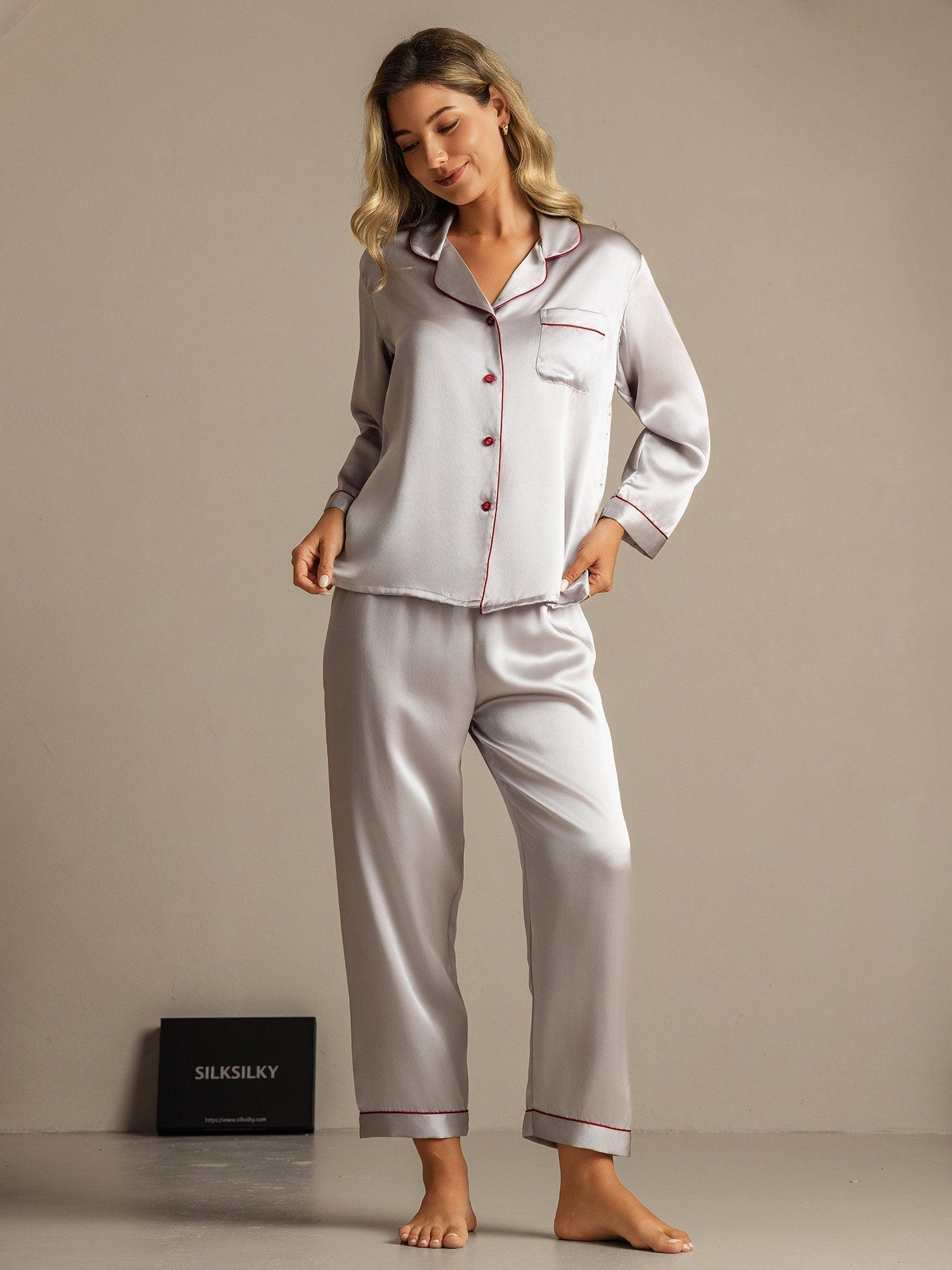 [Silver] SilkSilky-AU Pure Silk Notch Collar Women's Pyjamas 006,