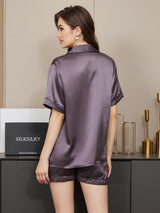 [Gris Púrpura] SilkSilky-ES Short Sleeve Lapel Collar Pijamas de mujer 002