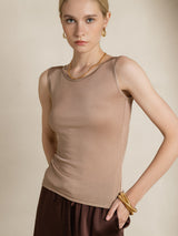 [Café] SilkSilky-ES Sin mangas Cuello Redondo Camisetas de Mujer 003