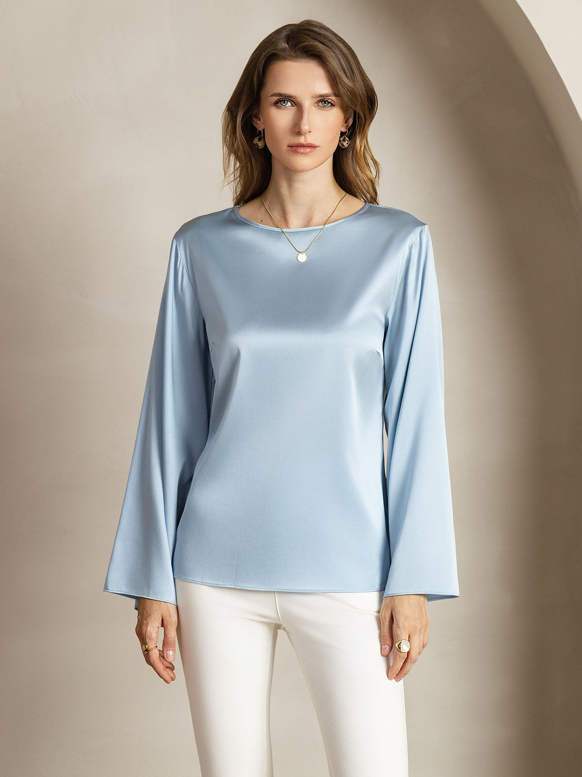 [Azul Grisáceo] SilkSilky-ES 19Momme Seda Womens T-Shirt 004