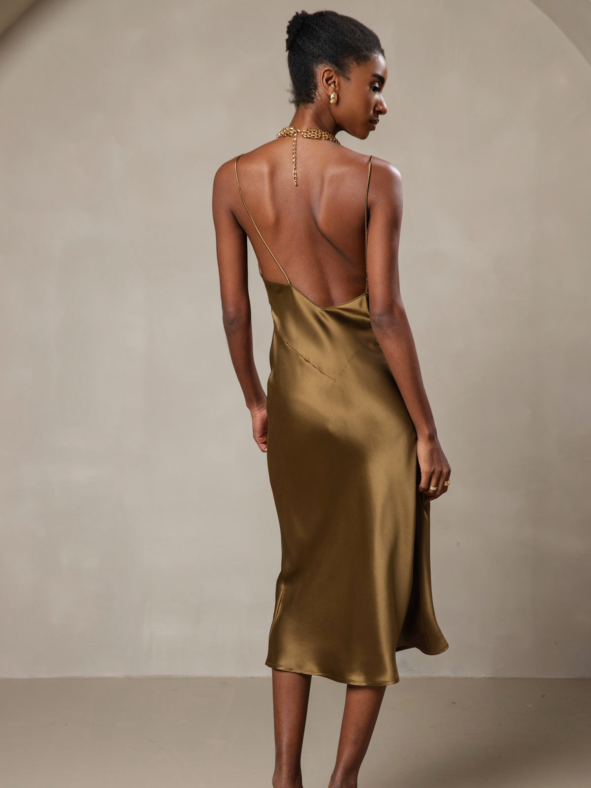 [Marrón] SilkSilky-ES 19Momme Seda Pura Cuello en V Vestido 002