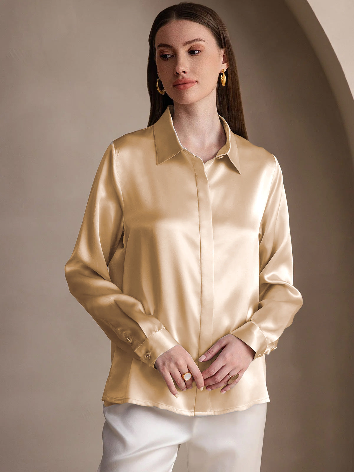 [Champán] SilkSilky-ES 19Momme Seda Lapel Collar Blusas de Mujer 001