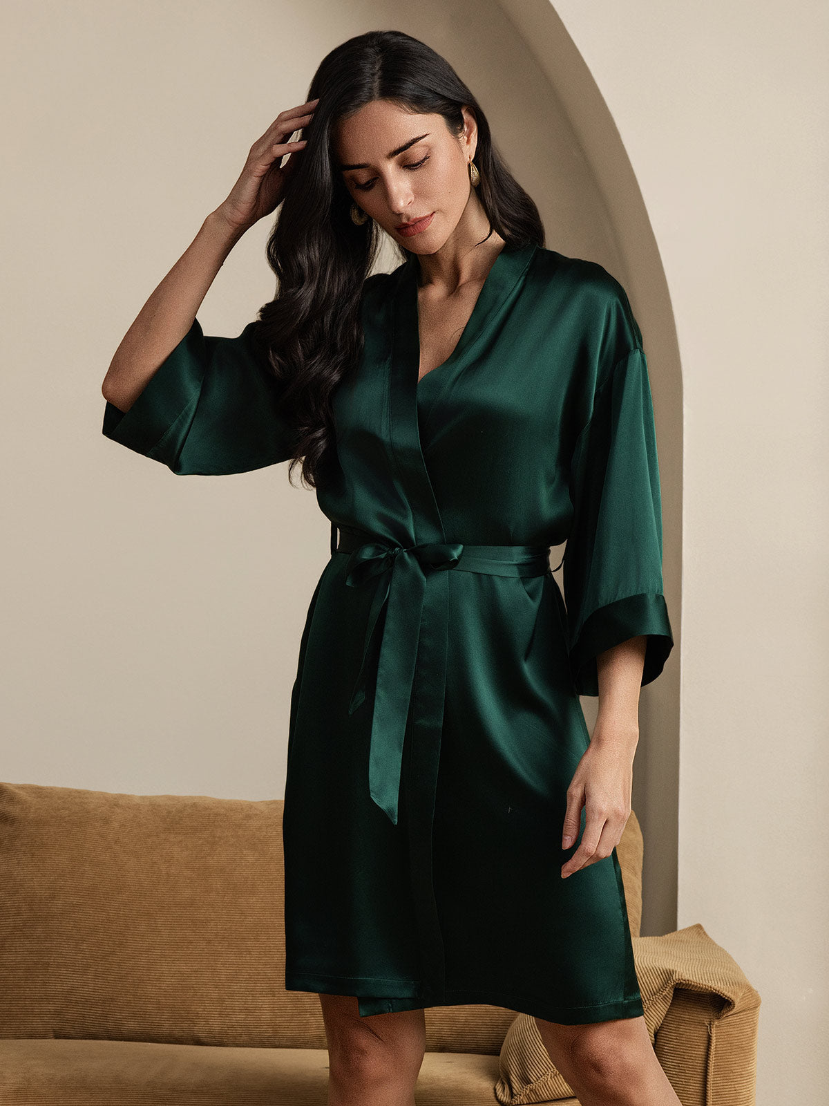 [Verde Oscuro] SilkSilky-ES Seda Pura Womens Robe 006