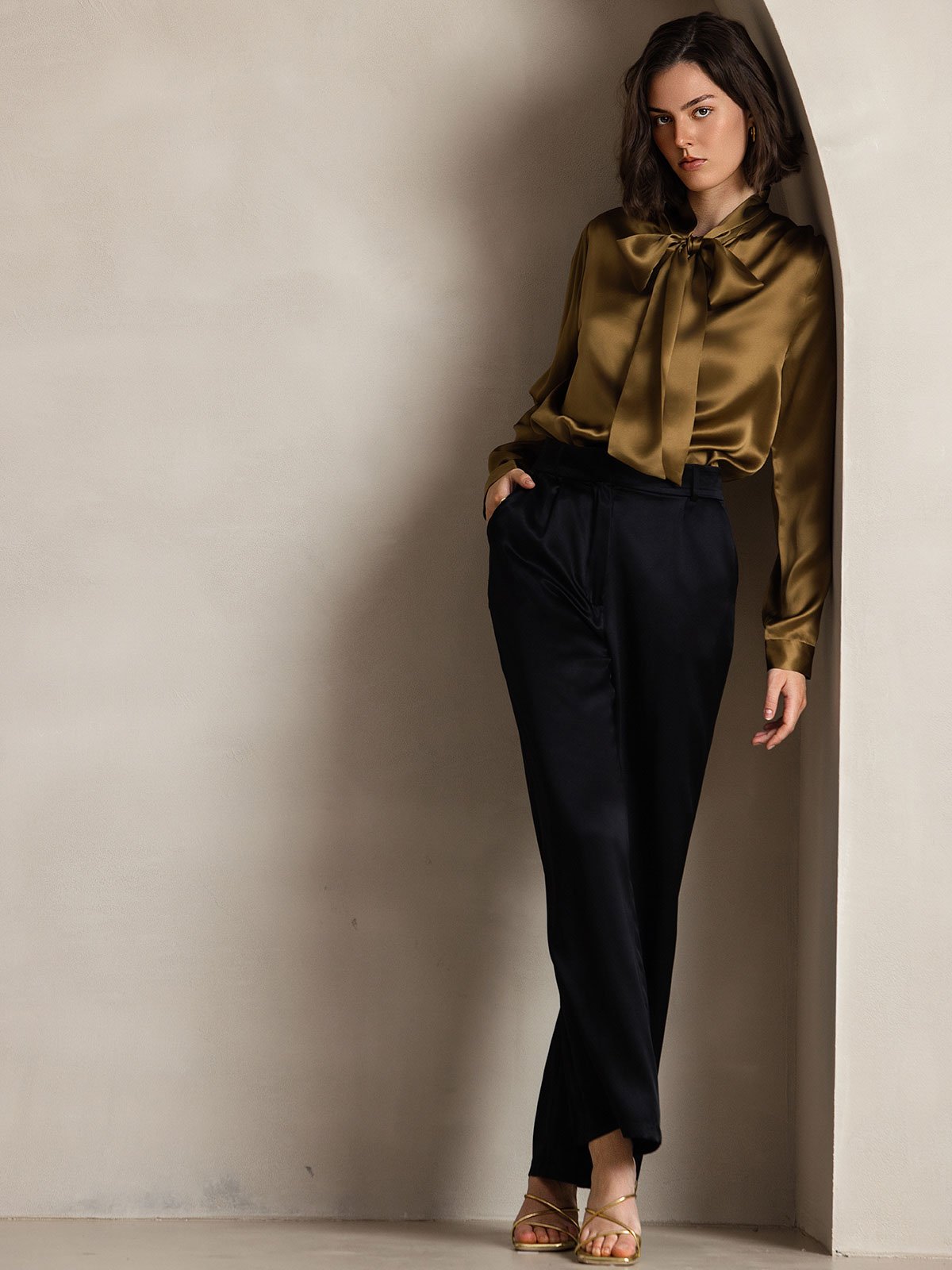 [Marrón] SilkSilky-ES 19Momme Seda Manga larga Blouse 008