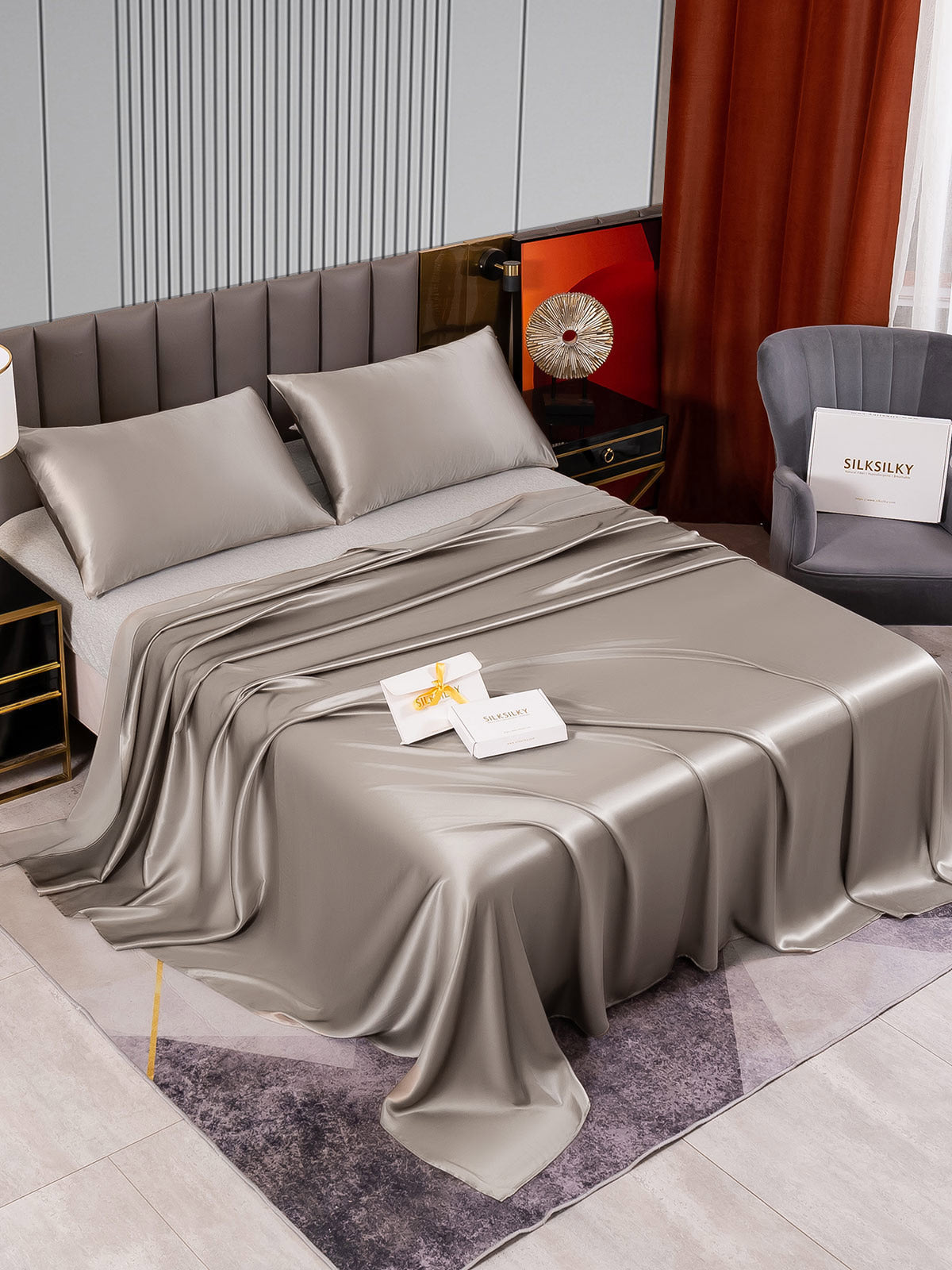 SilkSilky ES 22Momme Seda Pura Bedding Set Gris 002