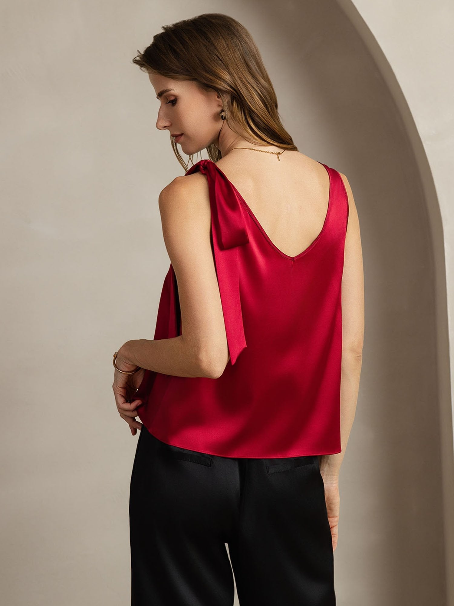 [Vino] SilkSilky-ES 19Momme Seda Cuello en V Camisetas de Mujer 002