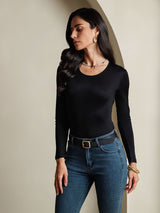 [Negro] SilkSilky-ES Manga larga Cuello Redondo Camisetas de Mujer 004