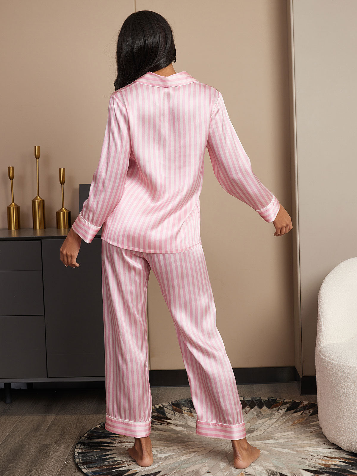 SilkSilky-ES 19Momme Seda Pura Manga larga Solapa Pijamas de mujer Rosa 002