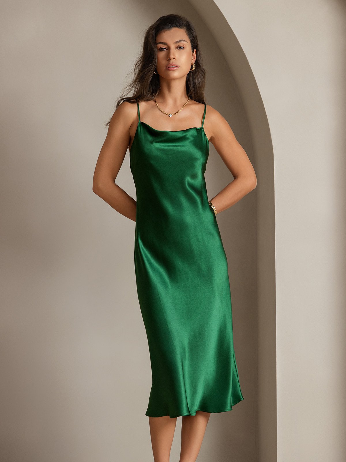 SilkSilky ES Seda Pura Sin mangas Escote Caído Vestido Verde 008