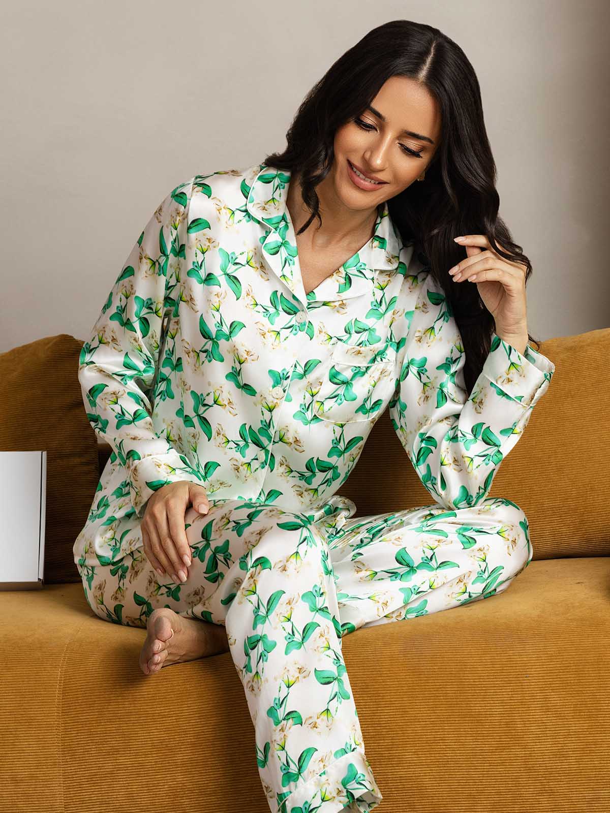[Floral Verde] SilkSilky-ES Seda Pura Womens Pajamas 004