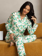 [Floral Verde] SilkSilky-ES Seda Pura Womens Pajamas 006,