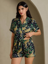 [Serval Negro] SilkSilky-ES Short Sleeve Notch Collar Pijamas de mujer 004