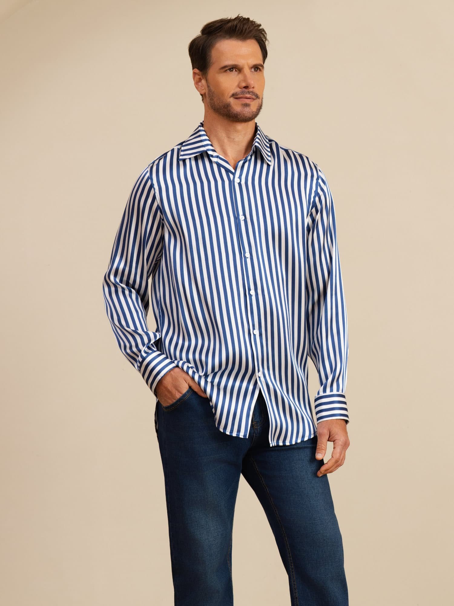 [Raya Marina] SilkSilky-ES 19Momme Manga larga Cuello con Solapa Camisa de hombre 004