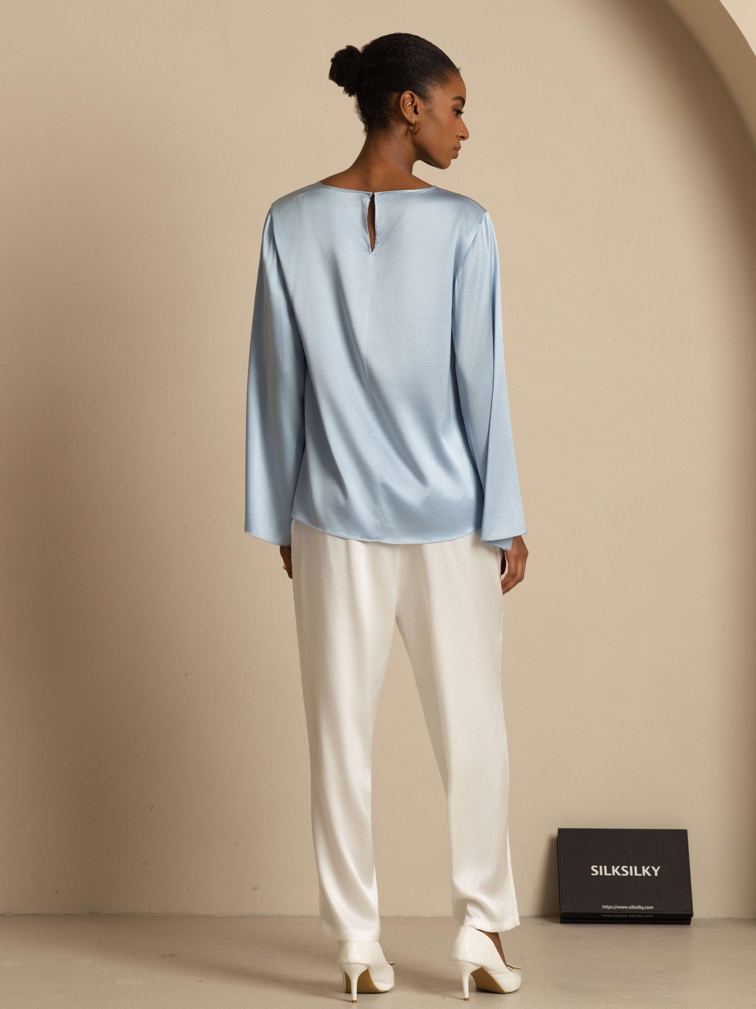 [Azul Grisáceo] SilkSilky-ES 19Momme Seda Manga larga Blouse 002