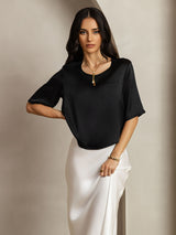 [Negro] SilkSilky-ES A metà Escote Cuchara Camisetas de Mujer 003