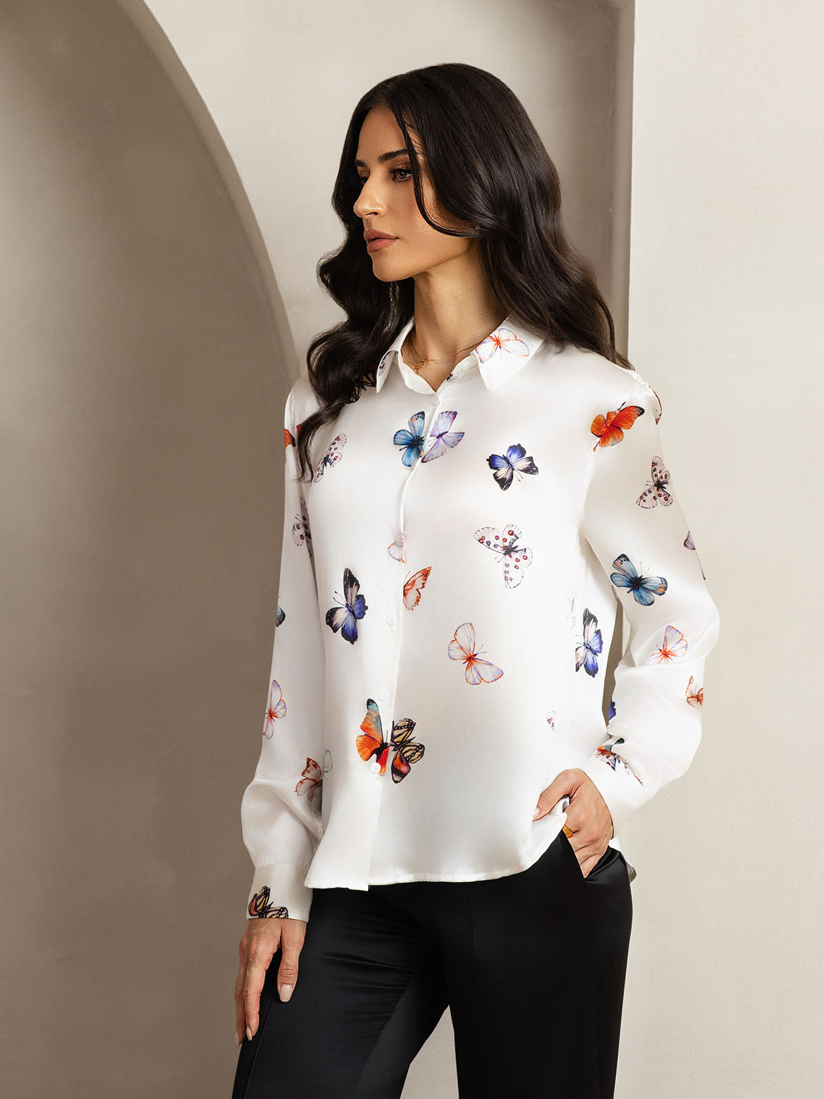 [Mariposa Blanca] SilkSilky-ES Seda Lapel Collar Blusas de Mujer 005