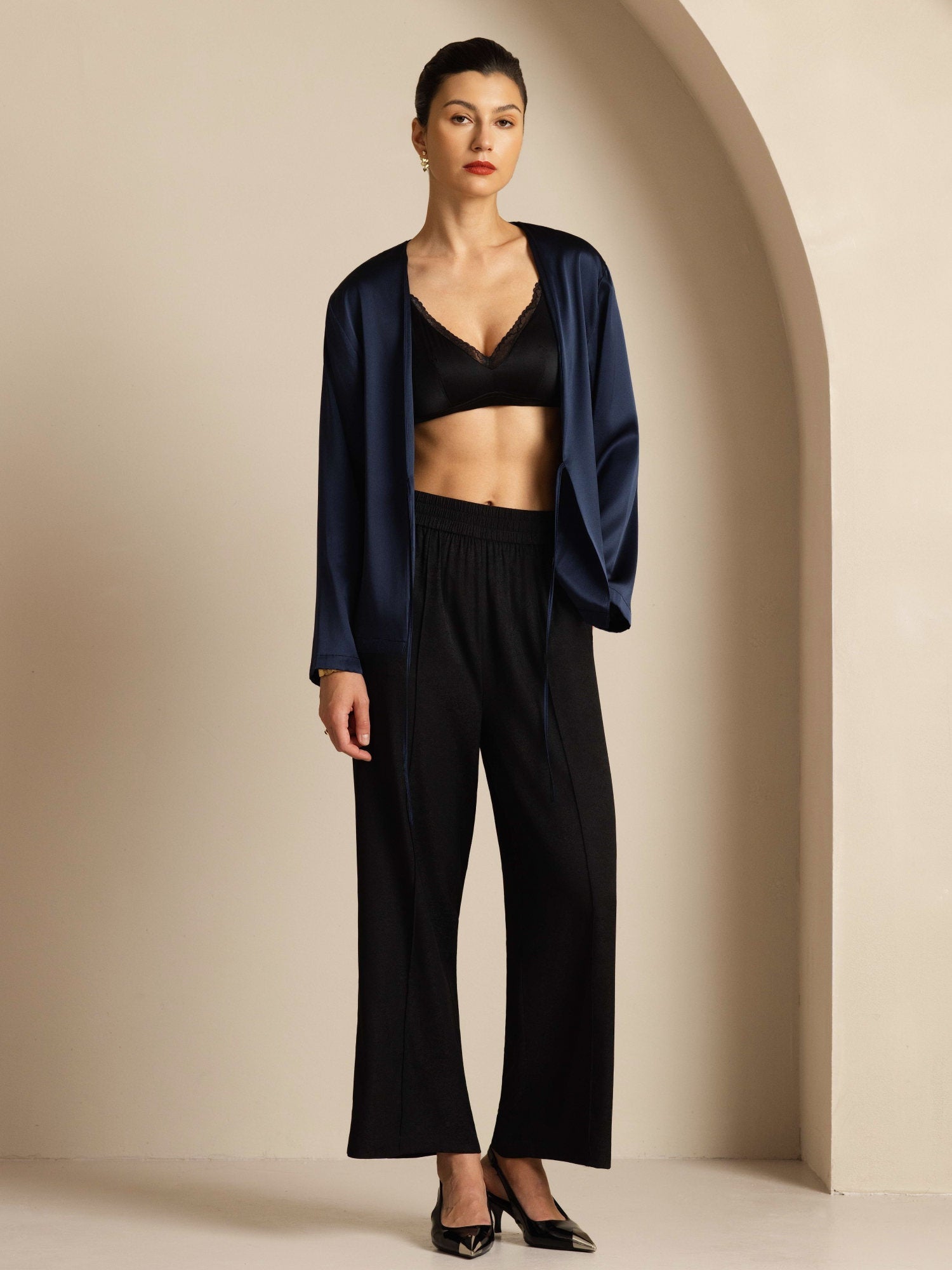 [Azul Oscuro] SilkSilky-ES 19Momme Seda Manga larga Womens Outerwear 008