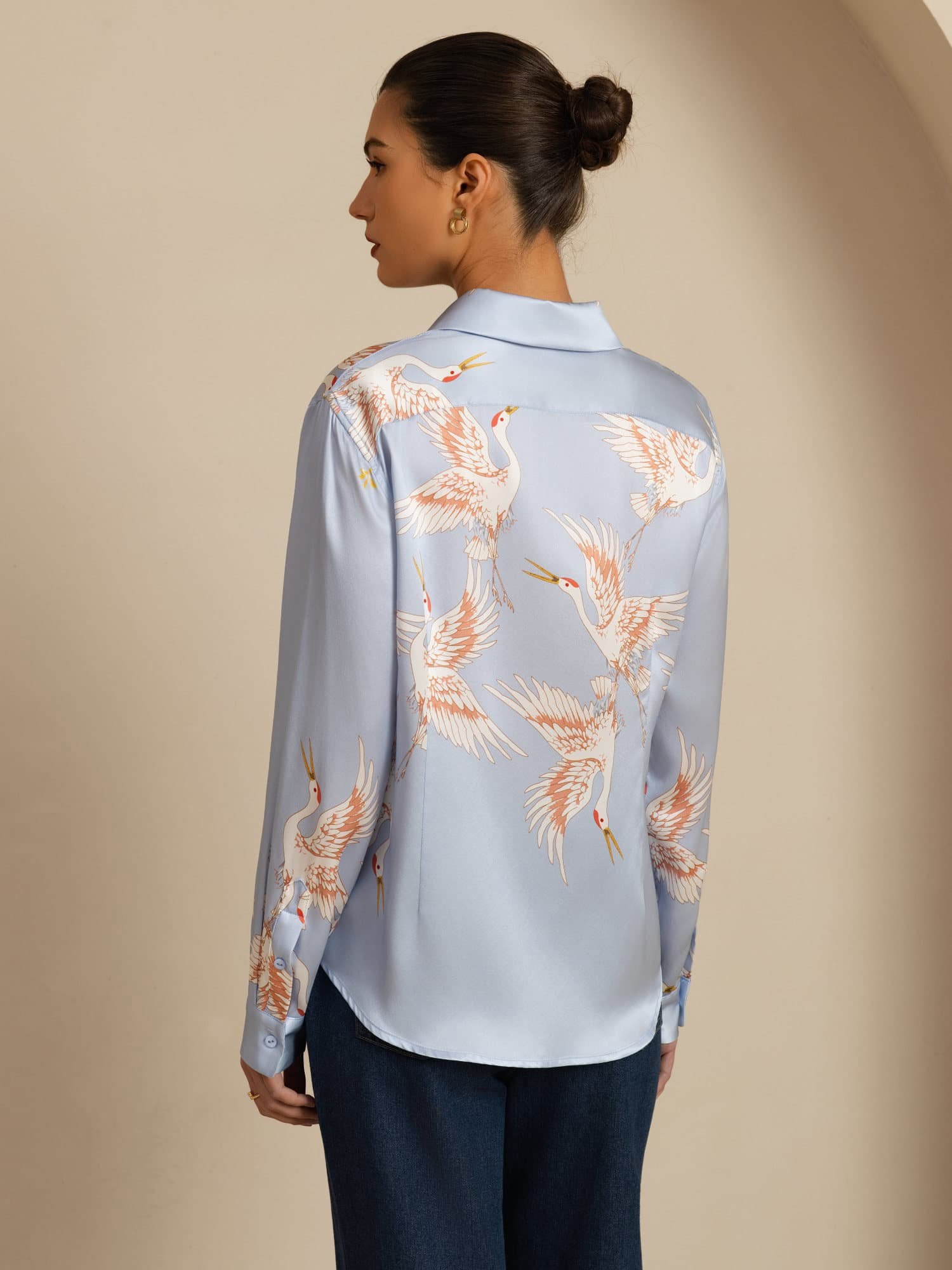 [Azul Claro] SilkSilky-ES 19Momme Manga larga Cuello con Solapa Blusas de Mujer 002