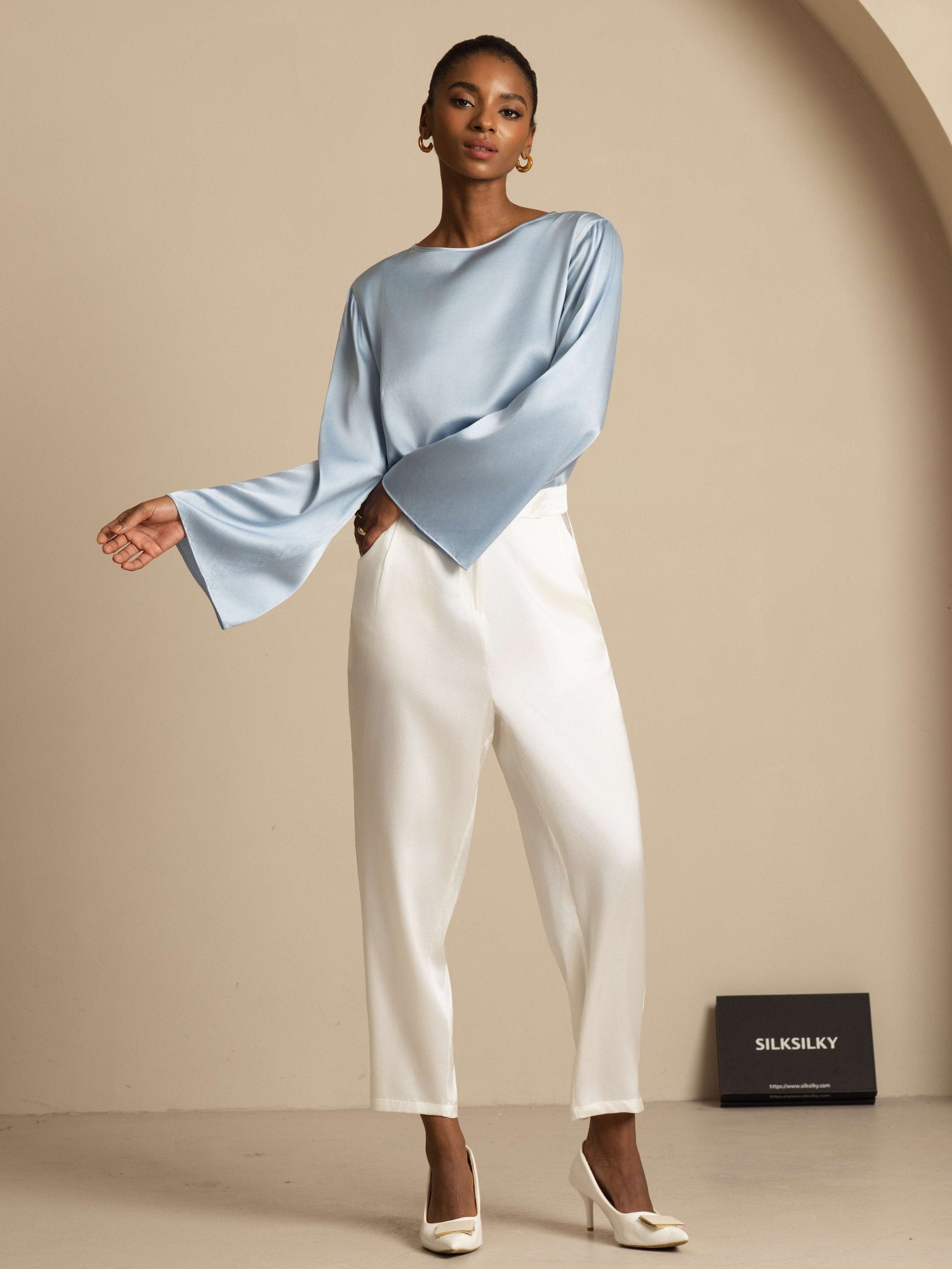 [Azul Grisáceo] SilkSilky-ES 19Momme Seda Manga larga Blouse 008