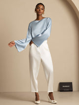 [Azul Grisáceo] SilkSilky-ES Long Sleeve Boat Neck Blusa 009