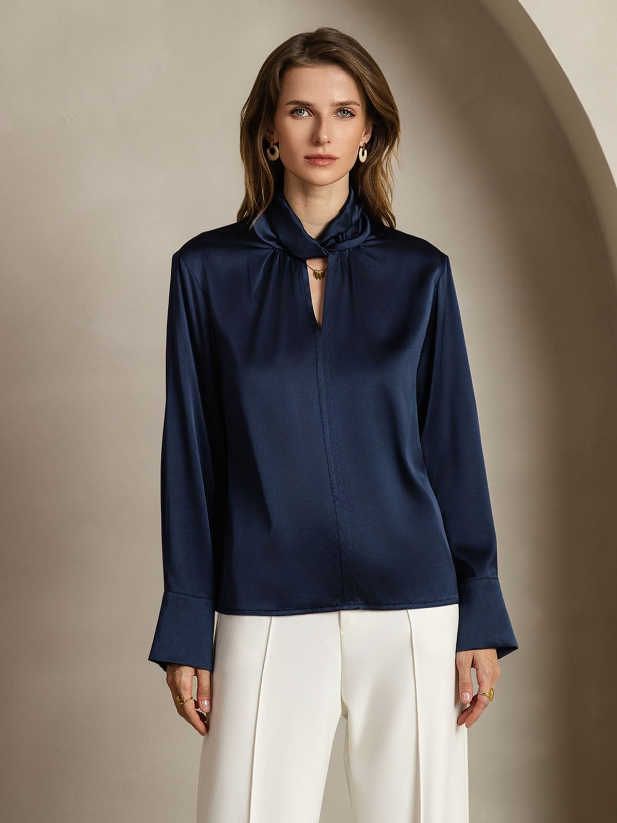 [Azul Oscuro] SilkSilky-ES 19Momme Seda Escote lágrima Blusas de Mujer 001