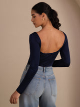 [Azul Oscuro] SilkSilky-ES Long Sleeve Cuello en U Camisetas de Mujer 002