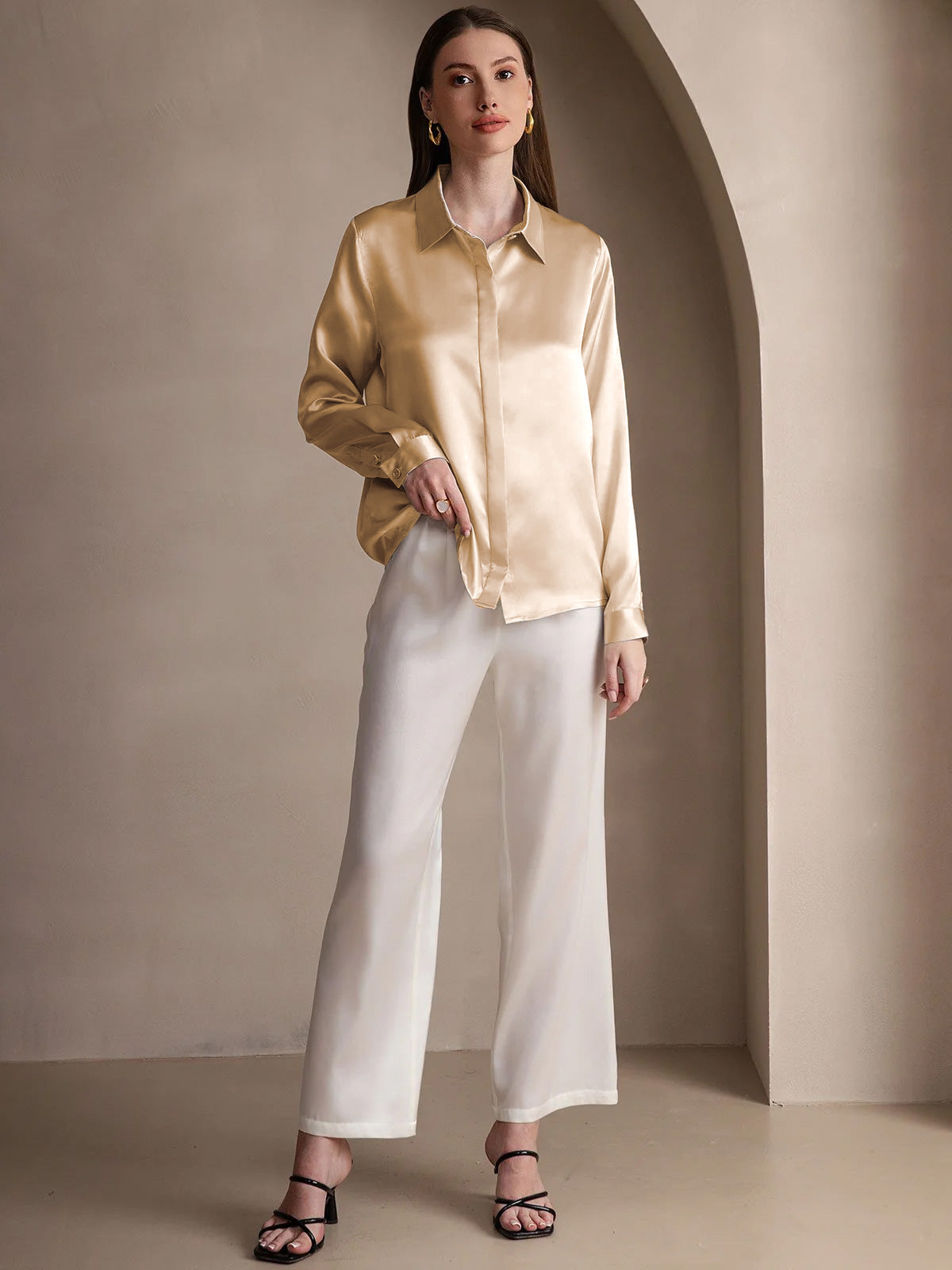 [Champán] SilkSilky-ES 19Momme Seda Lapel Collar Blusas de Mujer 003