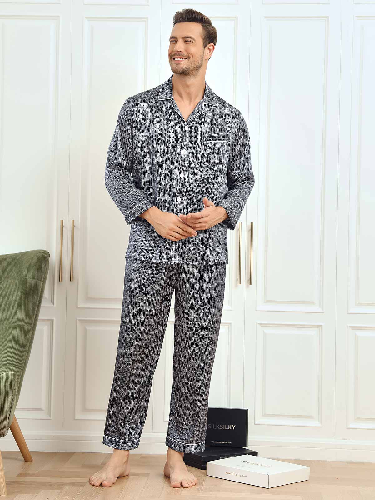 [Ginkgo Azul Marino] SilkSilky-ES 19Momme Seda Pura Mens Pajamas 003