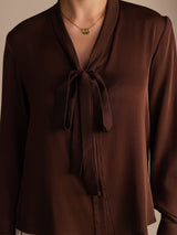 [Chocolate Negro] SilkSilky-ES Long Sleeve Tie Neck Blusas 004