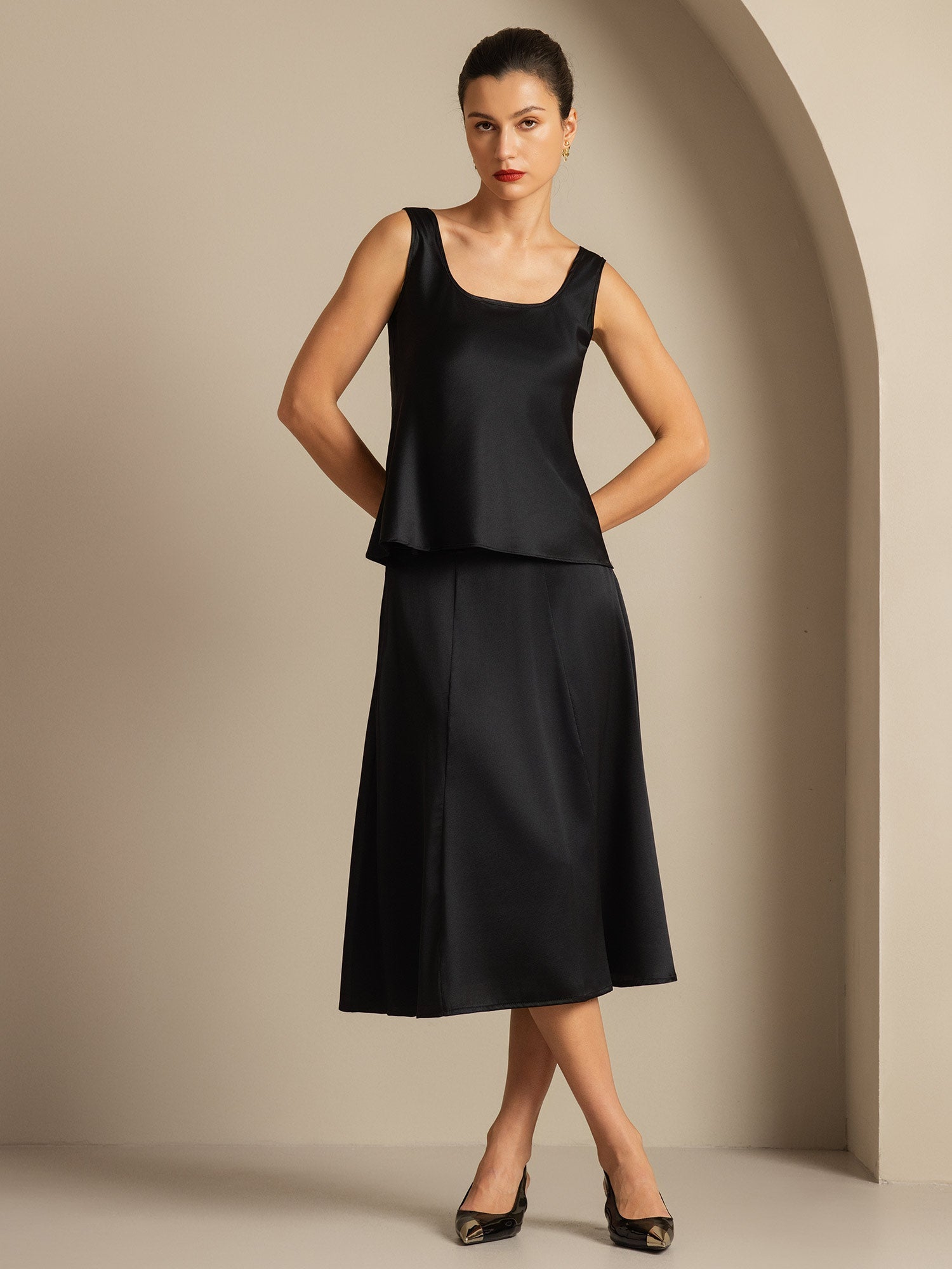 [Negro] SilkSilky-ES 19Momme Seda Cuello en U Top de tirantes 005