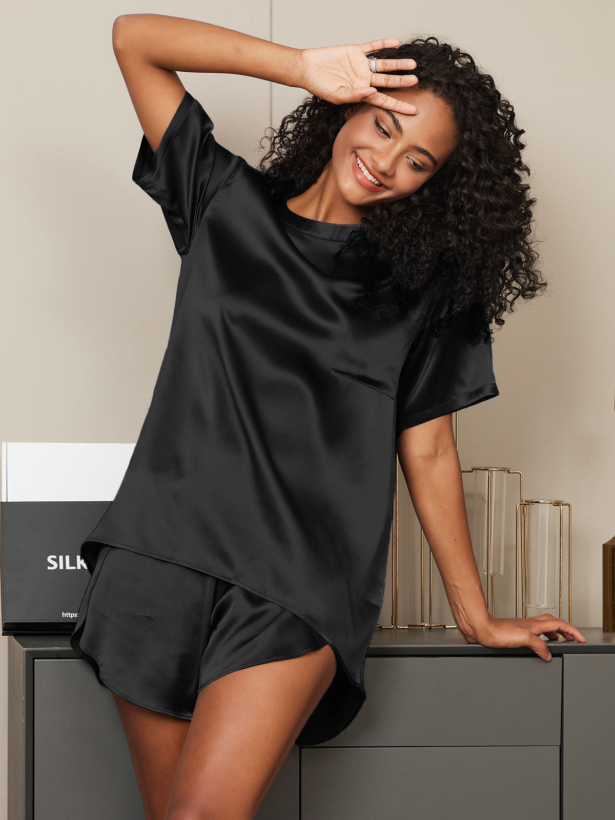 [Negro] SilkSilky-ES Manga corta Cuello Redondo Pijamas de mujer 004