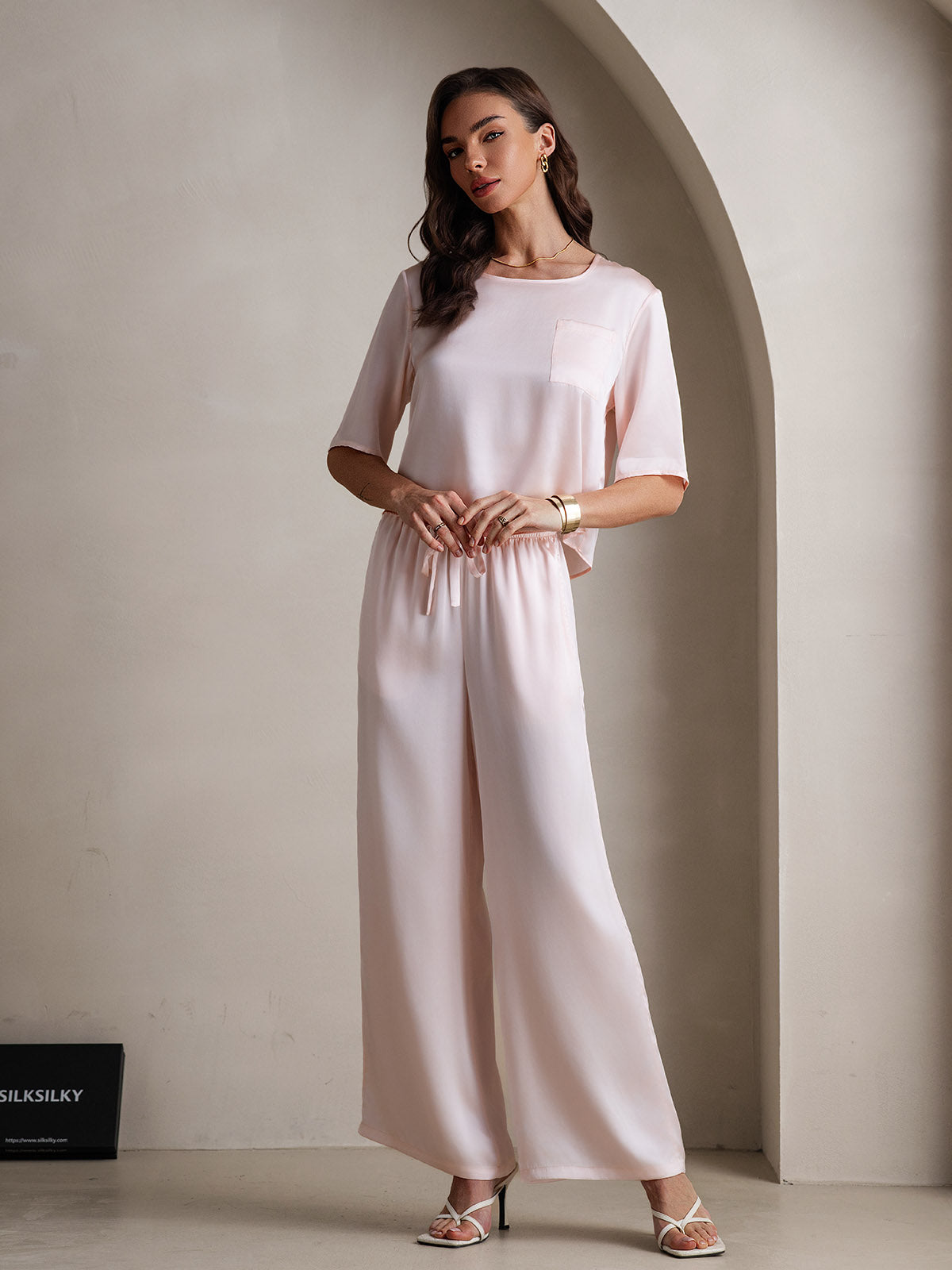 [Rosa] SilkSilky-ES A metà Cuello Redondo Pijamas de mujer 005