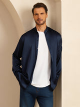 [Azul Oscuro] SilkSilky-ES Long Sleeve Stand Collar Camisa de hombre 003