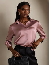 [Malva Pálido] SilkSilky-ES 3/4 Sleeve Lapel Collar Blusas de Mujer 003