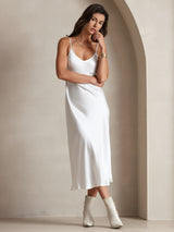 [Blanco] SilkSilky-ES Spaghetti Strap V Neck Vestido 004
