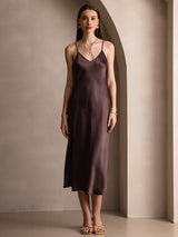 [Café] SilkSilky-ES Spaghetti Strap V Neck Vestido 001