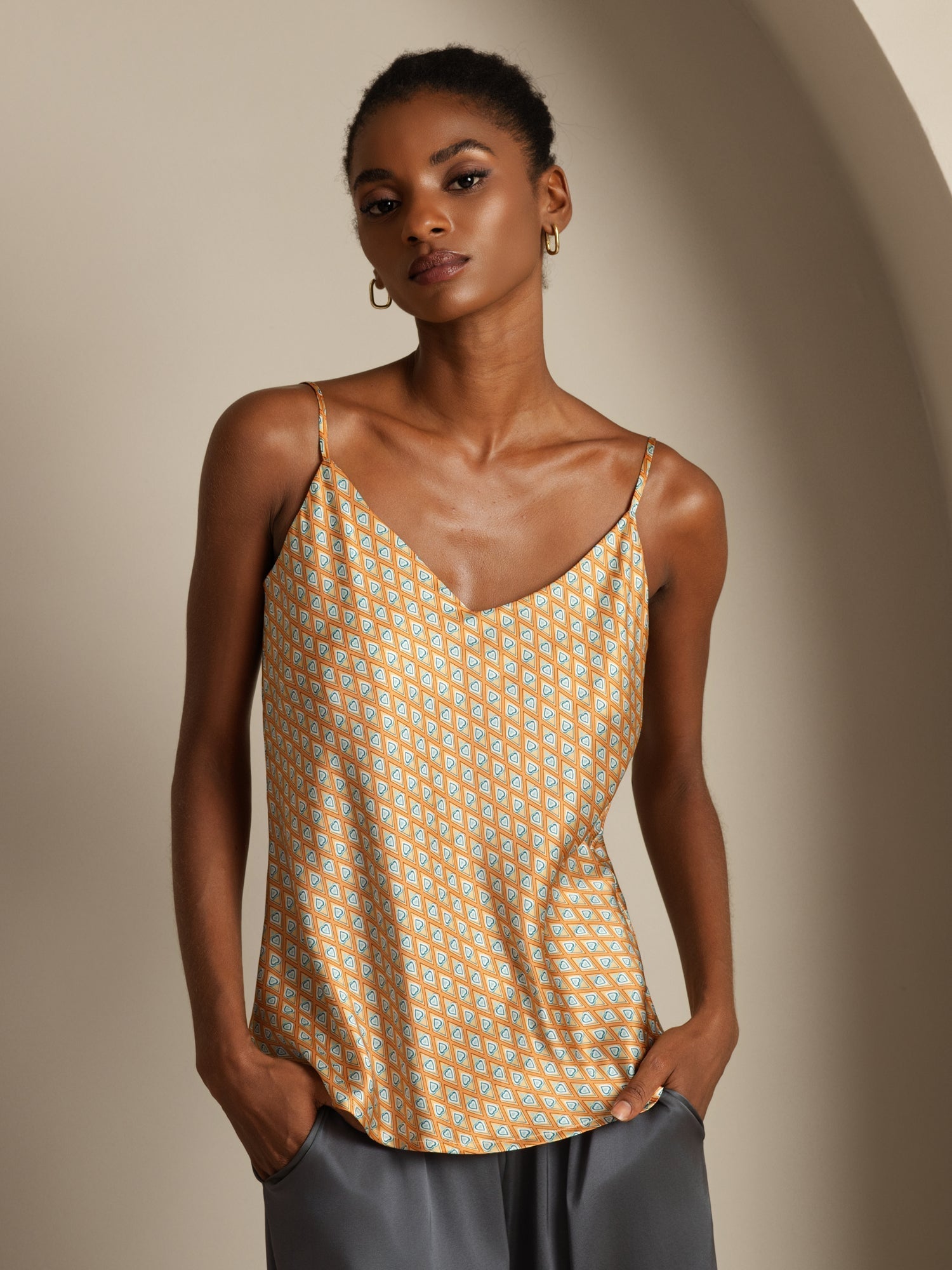 [Floral] SilkSilky-ES Seda Pura Cuello en V Top de tirantes 001,