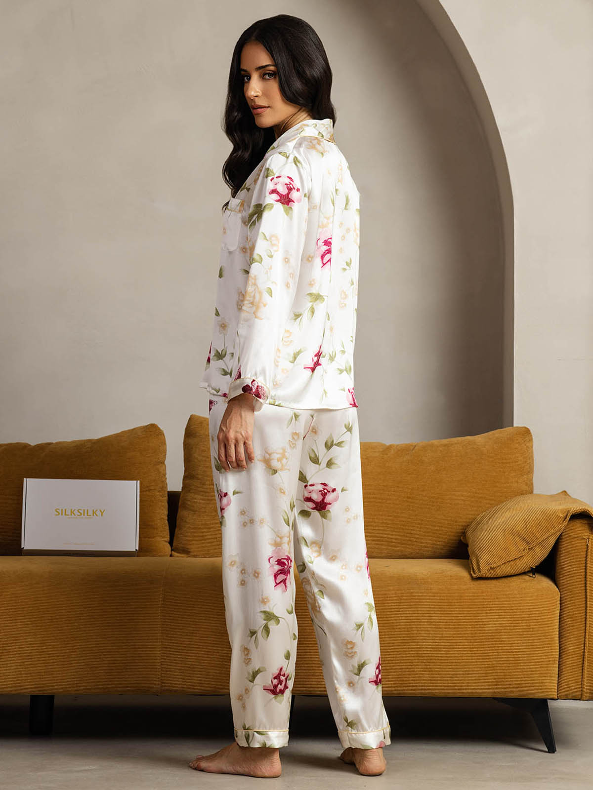 [Floral Marfil] SilkSilky-ES Seda Pura Womens Pajamas 002