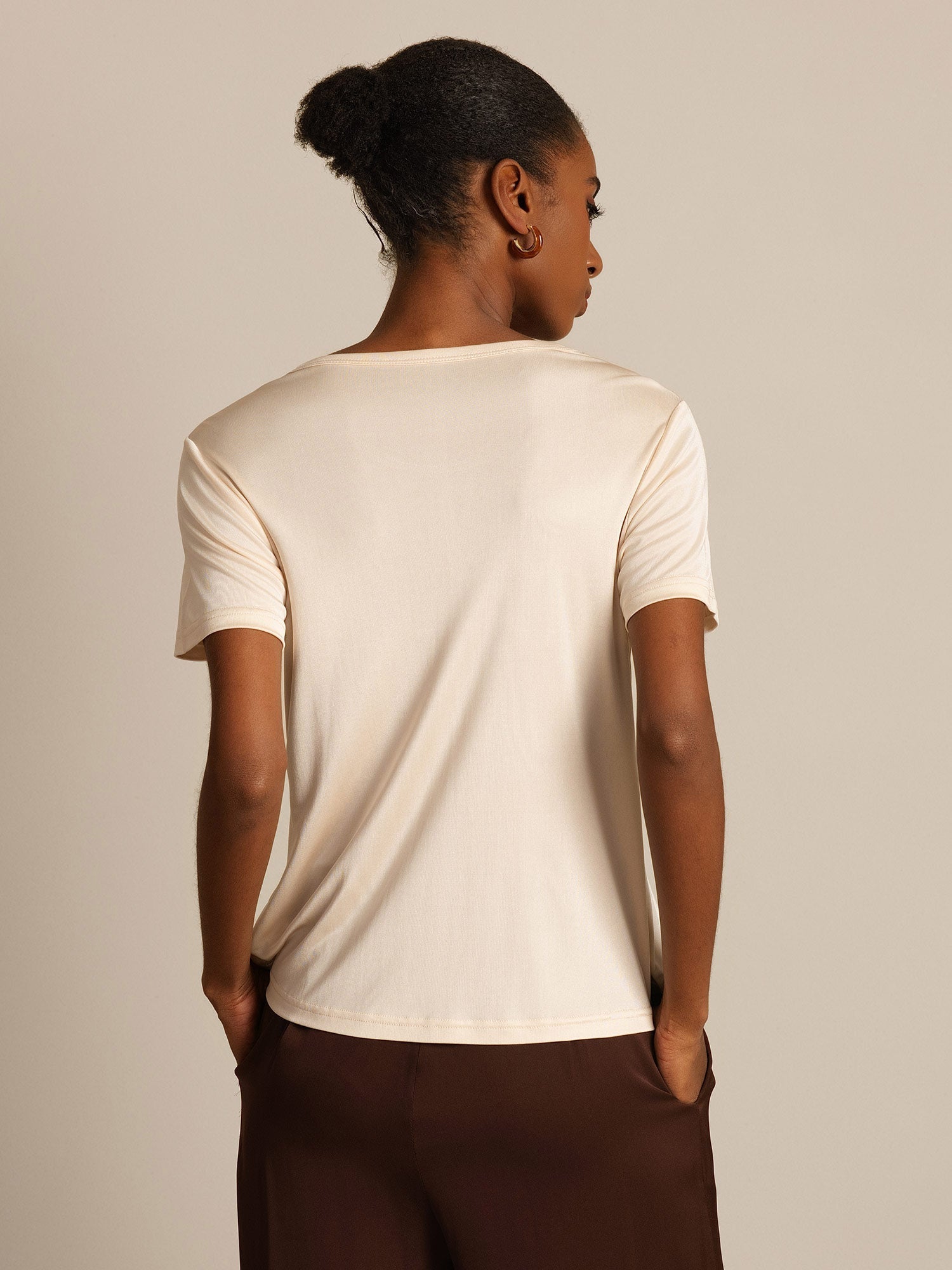 [Beige] SilkSilky-ES Manga corta Cuello Redondo Camisetas de Mujer 002