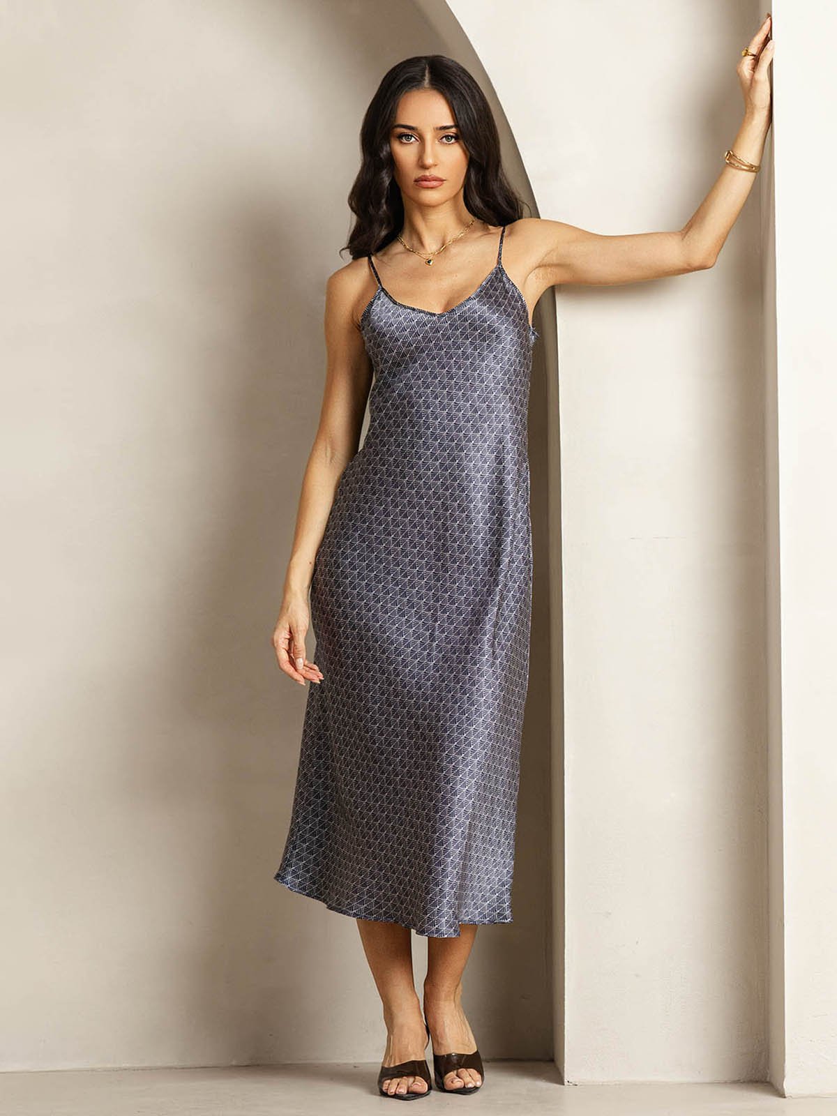 [Ginkgo Azul Marino] SilkSilky-ES 19Momme Seda Cuello en V Vestido 001