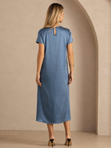 [Verde Azulado Real] SilkSilky-ES Short Sleeve Crew Neck Vestido 002