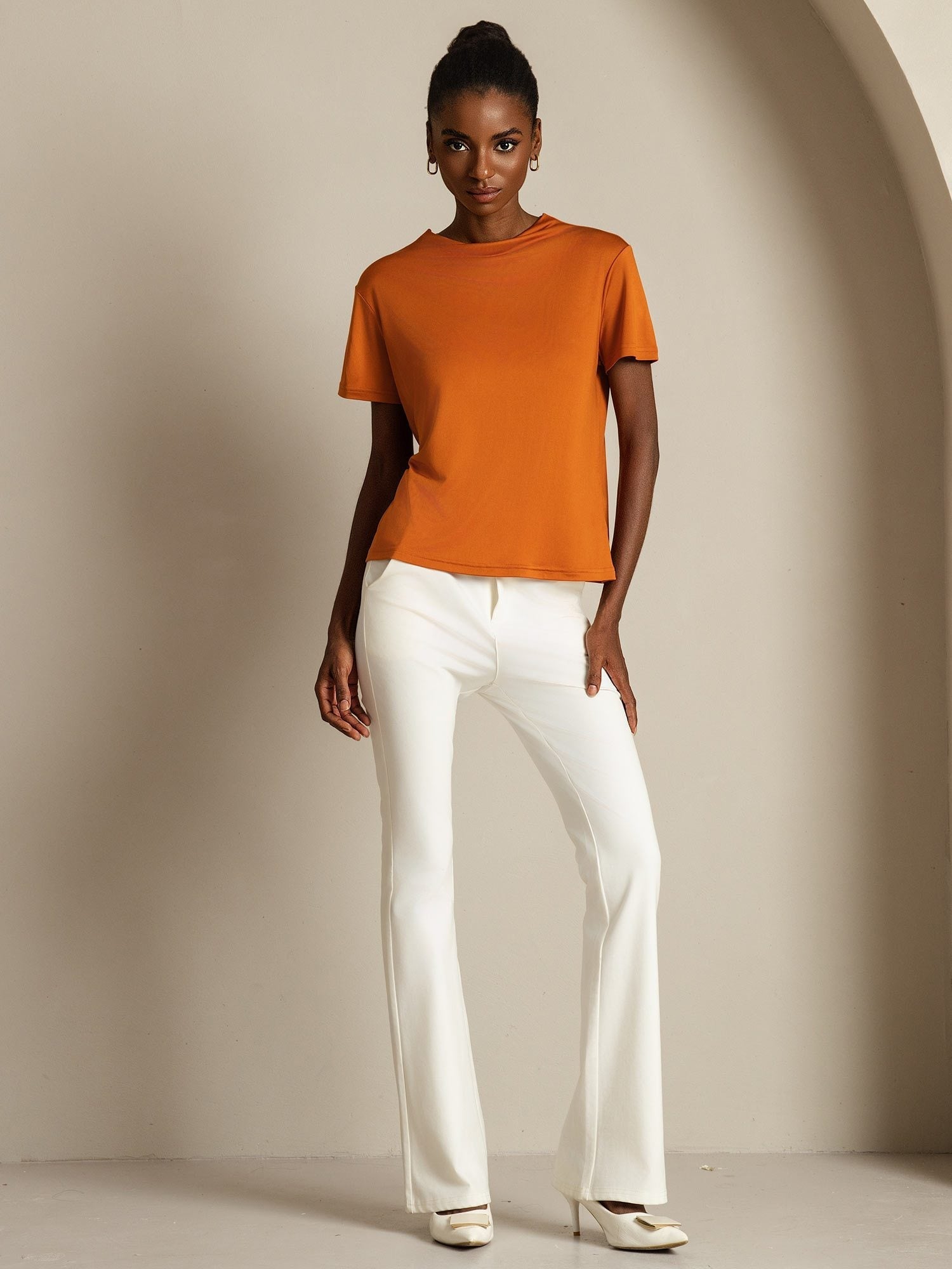 [Naranja] SilkSilky-ES Seda Pura Cuello Camisero Camisetas de Mujer 007
