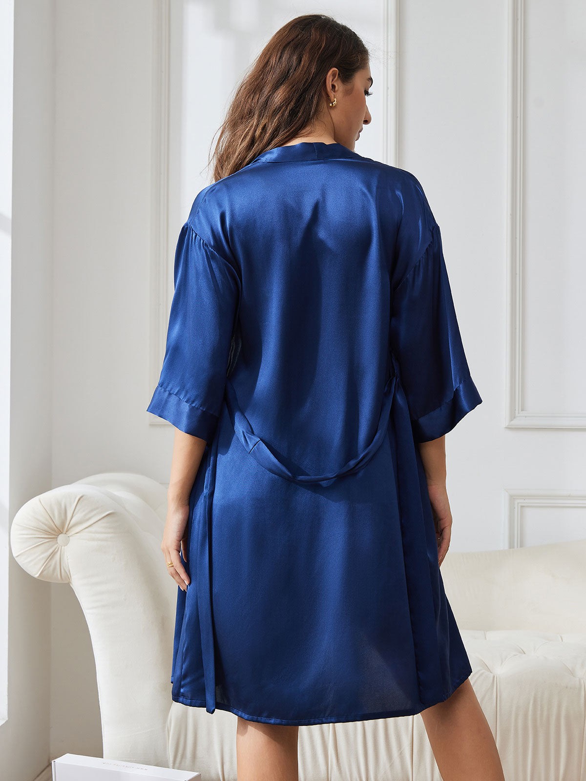 [Azul Oscuro] SilkSilky-ES Seda Pura Nightgown&Robe Set 002