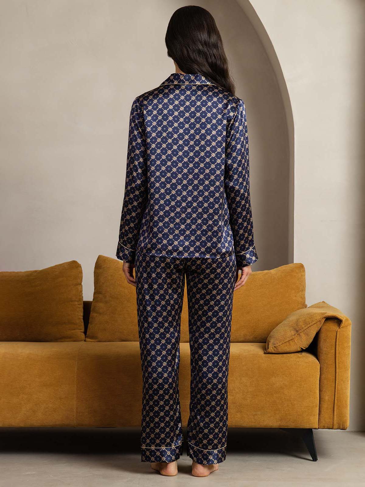 [Cadena Azul Marino] SilkSilky-ES Seda Pura Womens Pajamas 002