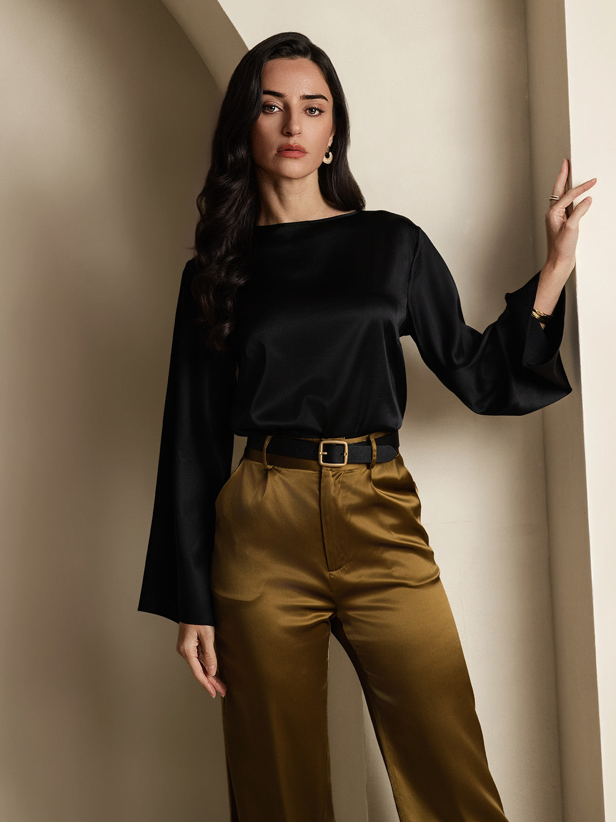 [Negro] SilkSilky-ES 19Momme Seda Womens T-Shirt 004,