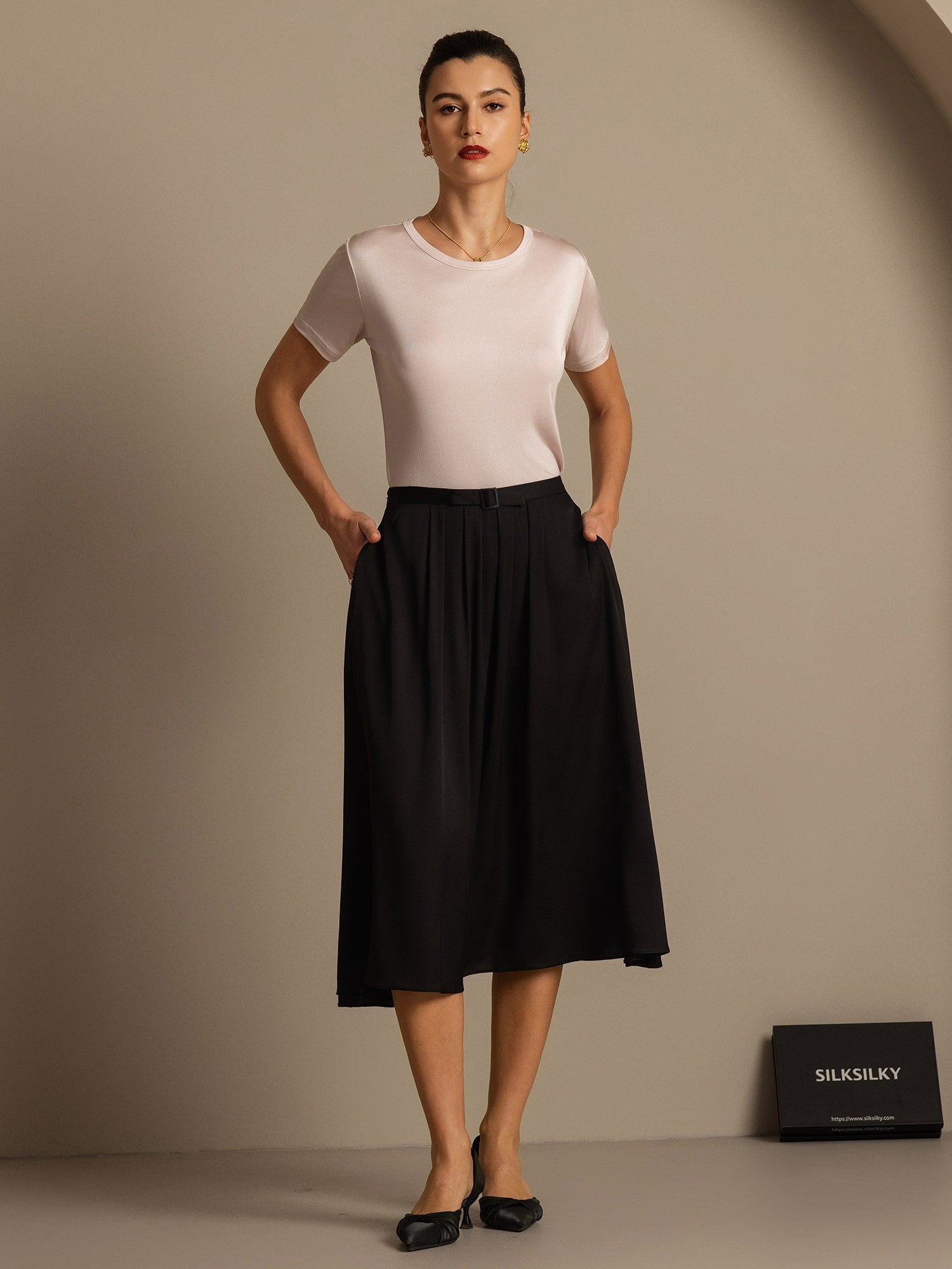 [Rosa Claro] SilkSilky-ES Tejido de seda Womens T-Shirt 007,