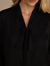 [Negro] SilkSilky-ES Long Sleeve Tie Neck Blusas 004