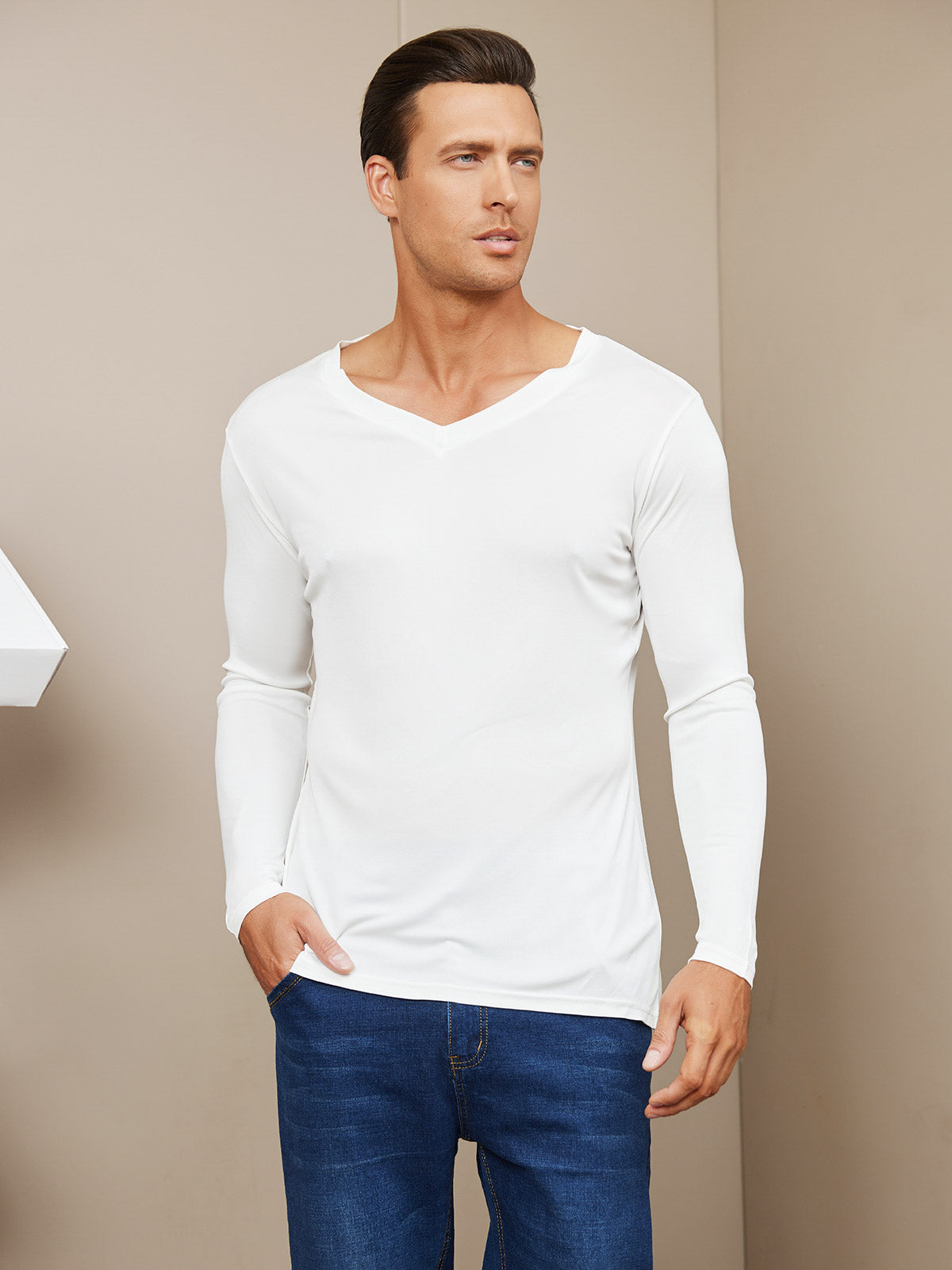 SilkSilky ES Tejido de seda Manga larga Cuello en V Camiseta de hombre Blanco 003