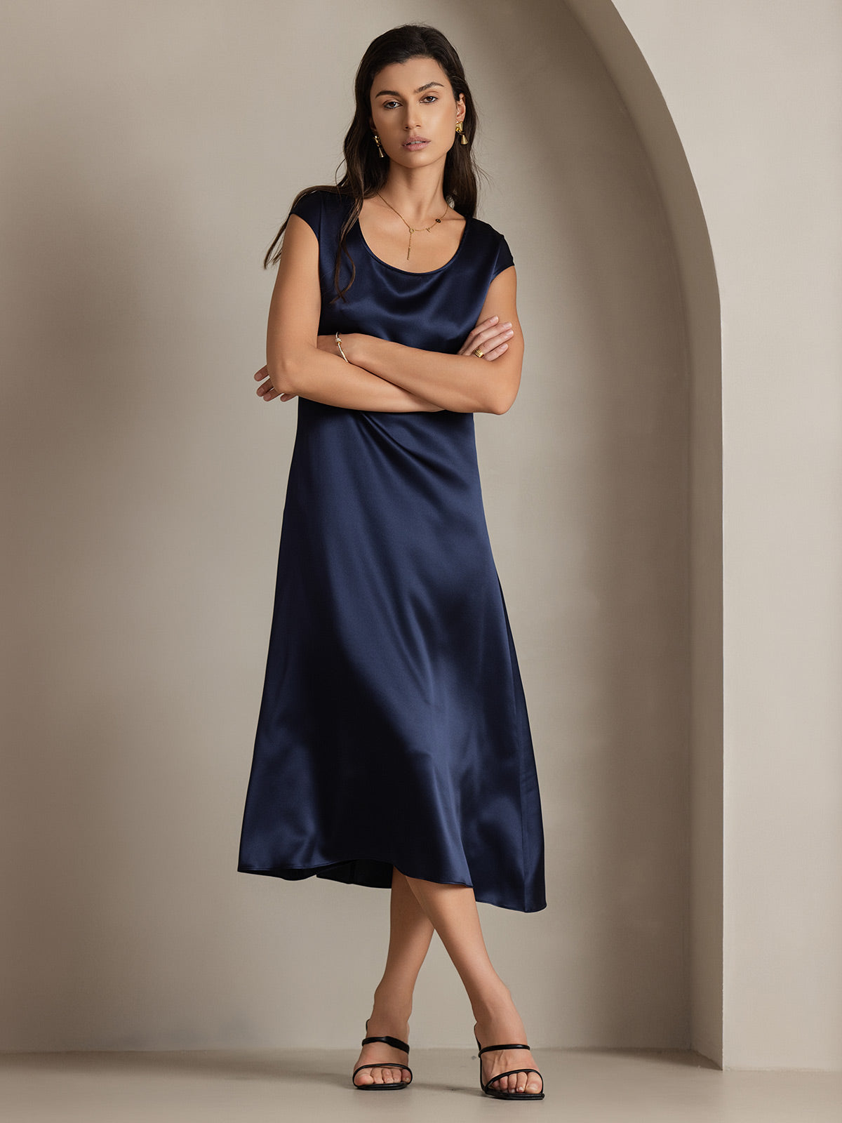 [Azul Oscuro] SilkSilky-ES 19Momme Seda Dress 002