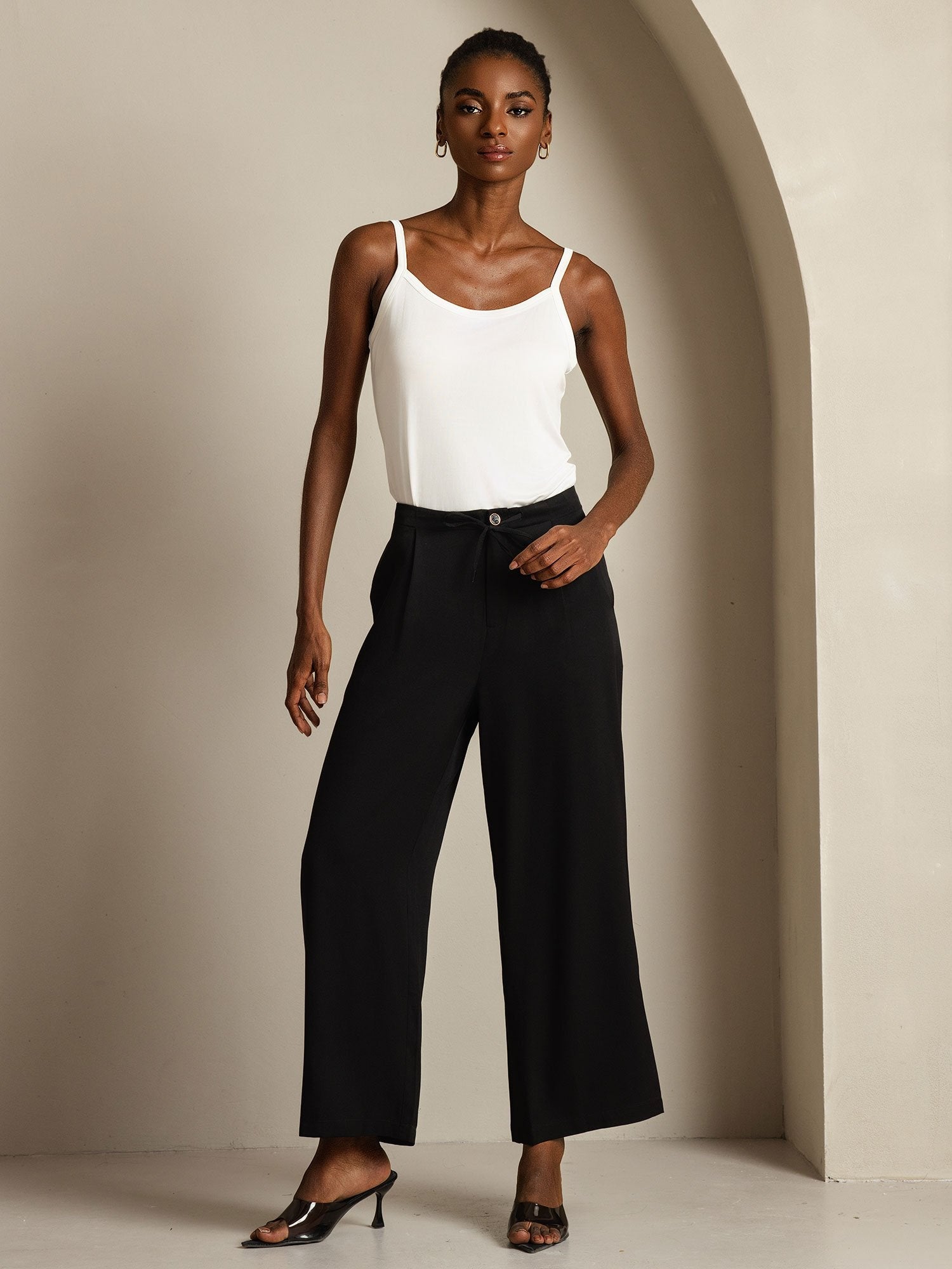 [Negro] SilkSilky-ES 19Momme Seda Womens Pants 005